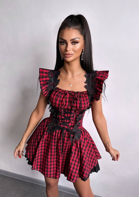 Сукня в клітинку декорована мереживом  | PUSHKA SHOP