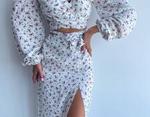 Квітковий комплект: топ із зав'язками на талії + спідниця міді з розрізом Квітковий комплект: топ із зав'язками на талії + спідниця міді з розрізом | PUSHKA SHOP