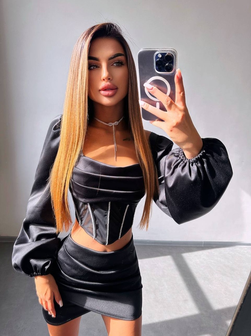 Комплект: корсет, декорований стразами   + спідниця міні з драпіруванням  | PUSHKA SHOP