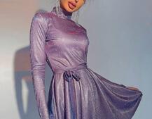 Блискуча сукня з розкльошеною спідницею та високим коміром | PUSHKA SHOP