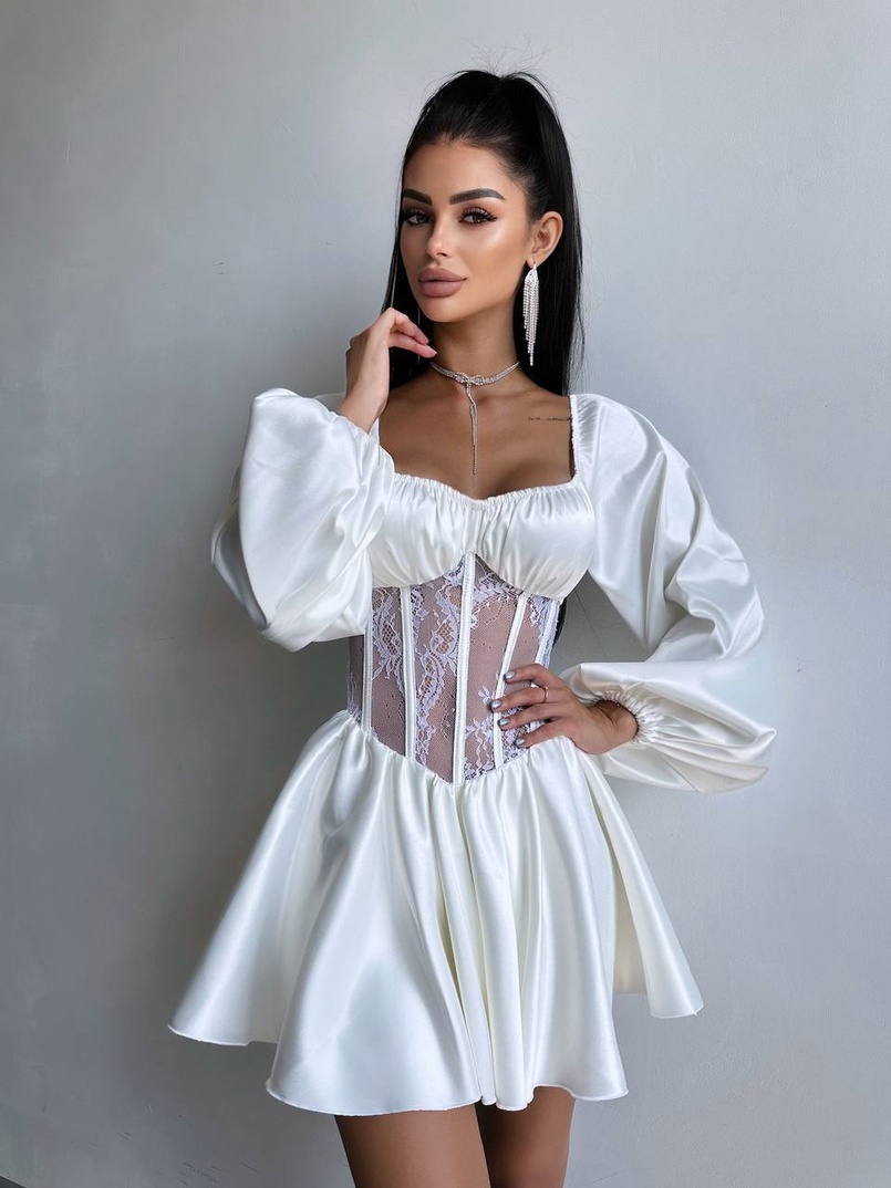 Атласна сукня з обʼємними рукавами та мереживом | PUSHKA SHOP