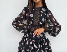 Ассиметричное шифоновое платье декорированное кружевом   Ассиметричное шифоновое платье декорированное кружевом   | PUSHKA SHOP