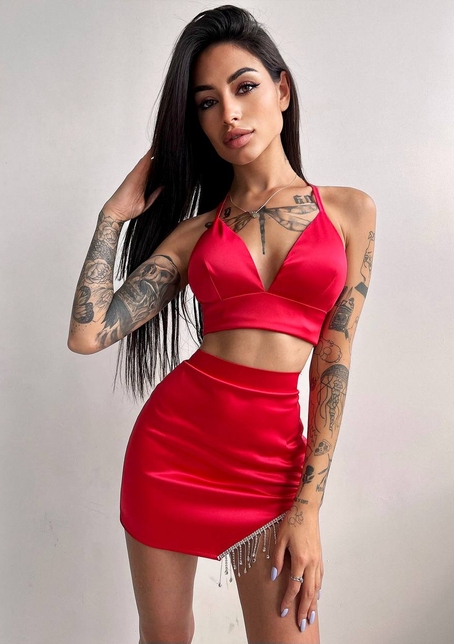 Комплект: топ с чашечками + юбка, декорированным бахромой из страз  | PUSHKA SHOP