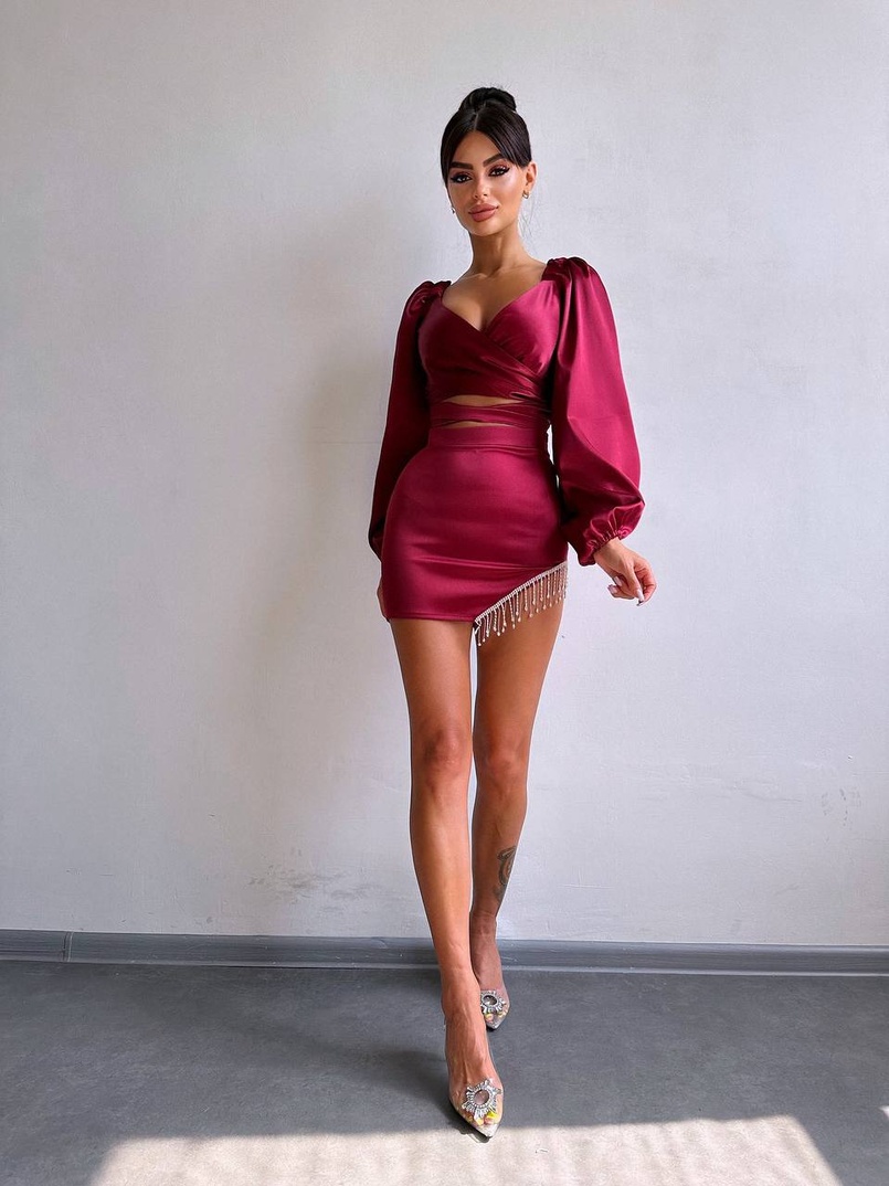 Атласний комплект, декорований бахромою зі страз | PUSHKA SHOP