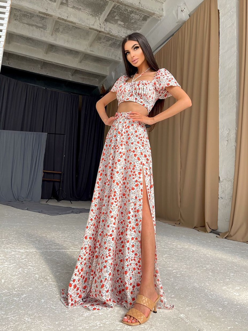 Цветочный комплект: топ с завязками на груди + юбка-макси с разрезом  | PUSHKA SHOP