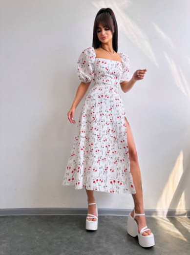Сукня -міді зі шнурівкою на спинці та розрізом на ніжці з принтом | PUSHKA SHOP