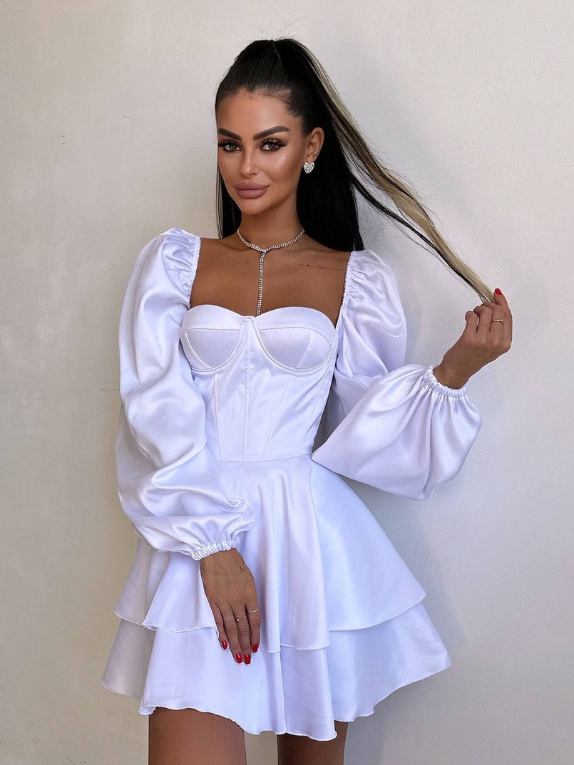 Атласна корсетна сукня бюстьє з пишною подвійною спідницею та об‘ємними рукавами | PUSHKA SHOP