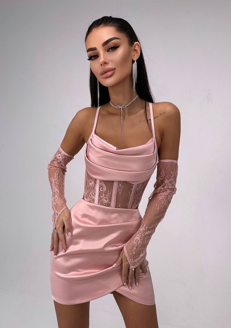 Комплект: корсет, декорований мереживом   + рукавички+ спідниця міні з драпіруванням   | PUSHKA SHOP