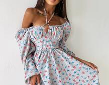 Цветочное платье с пышной юбкой и завязками на груди Цветочное платье с пышной юбкой и завязками на груди | PUSHKA SHOP