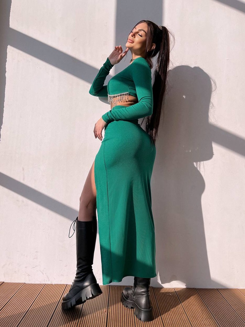 Комплект: спідниця з розрізом + топ, декорований бахромой зі страз | PUSHKA SHOP