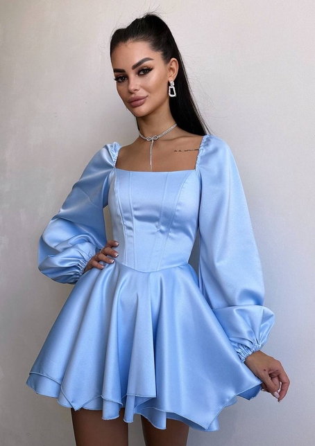 Атласна корсетна сукня з пишною подвійною спідницею та об‘ємними рукавами | PUSHKA SHOP