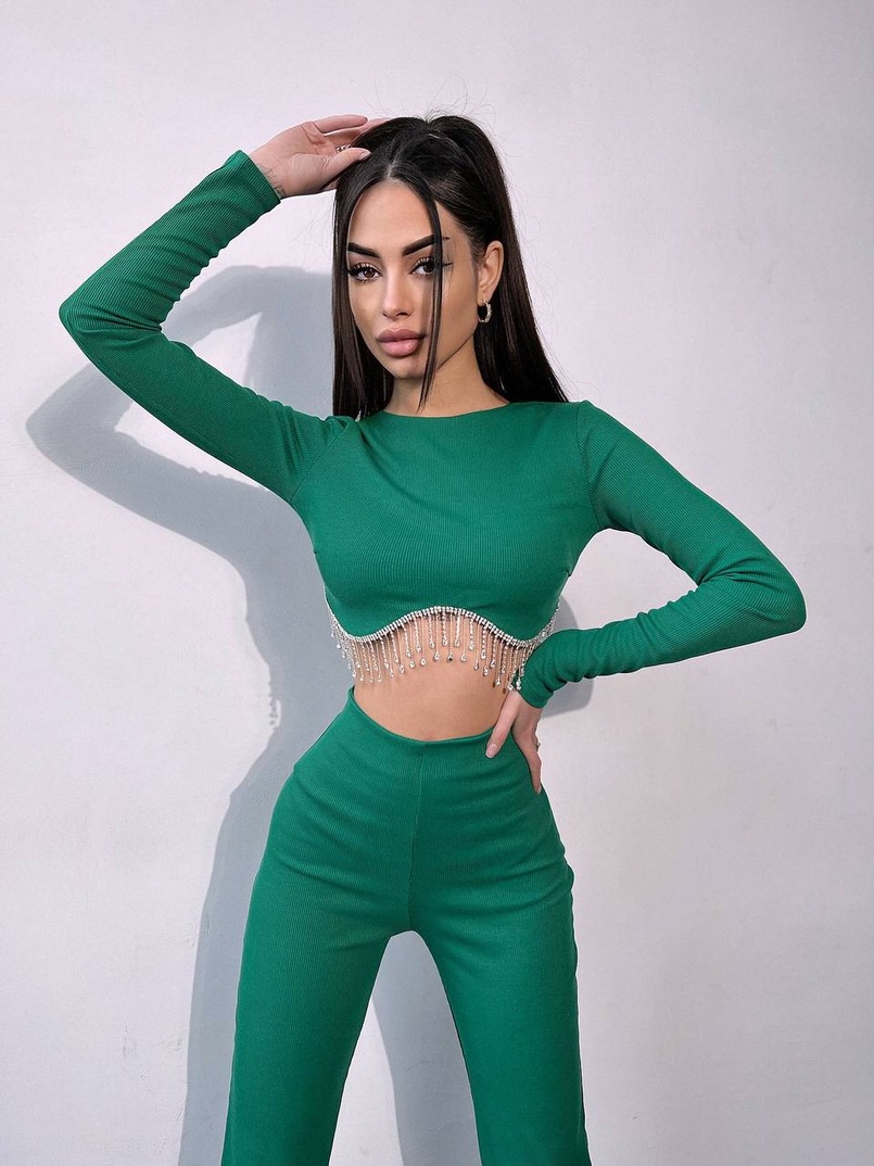 Комплект : штани кльош і топ , декорований бахромою зі страз Ручна робота | PUSHKA SHOP