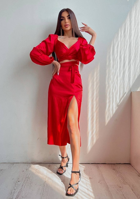 Шелковый комплект: топ с завязками на талии + юбка миди с разрезом  | PUSHKA SHOP