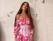 Сукня міді з розрізом в квітковий принт + прозорий корсет Сукня міді з розрізом в квітковий принт + прозорий корсет | PUSHKA SHOP