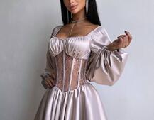 Атласна сукня з обʼємними рукавами та мереживом Атласна сукня з обʼємними рукавами та мереживом | PUSHKA SHOP