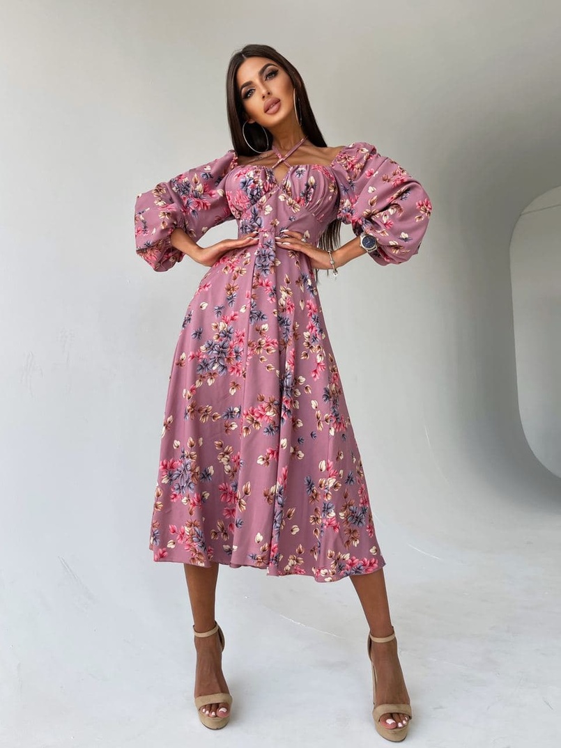 Цветочное платье миди с завязками на груди  | PUSHKA SHOP