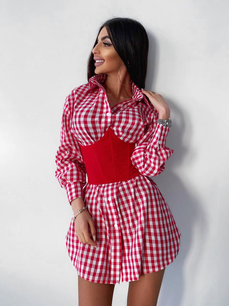Платье-рубашка в клетку с корсетом на косточках со шнуровкой Платье-рубашка в клетку с корсетом на косточках со шнуровкой | PUSHKA SHOP