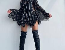 Шифонова сукня на підкладці з розкльошеними рукавами з асиметричною спідницею + корсет декорований стразами  | PUSHKA SHOP