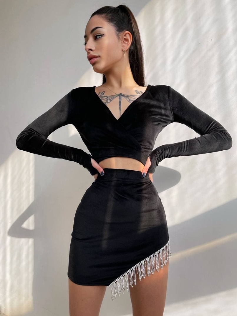 Оксамитовий комплект, декорований бахромою зі страз | PUSHKA SHOP