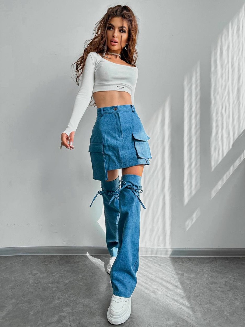 Комплект: джинсова спідниця з гетрами + топ Комплект: джинсова спідниця з гетрами + топ | PUSHKA SHOP