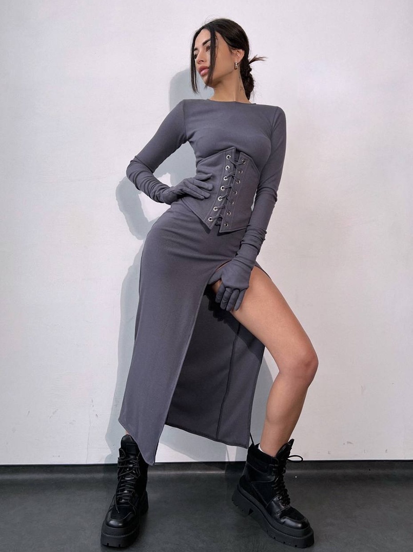 Комплект: трикотажне плаття- міді + корсет + рукавички | PUSHKA SHOP