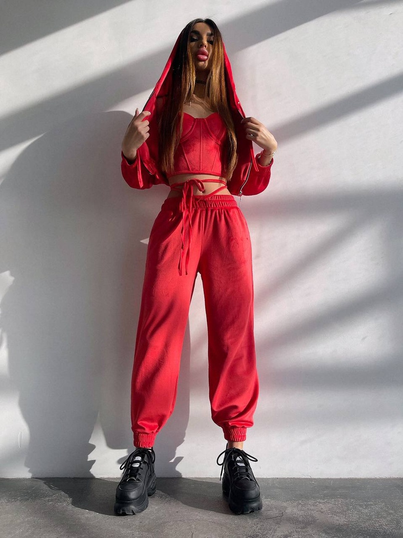 Велюровий комплект трійка: кофта + корсет з чашечками + джогери  | PUSHKA SHOP