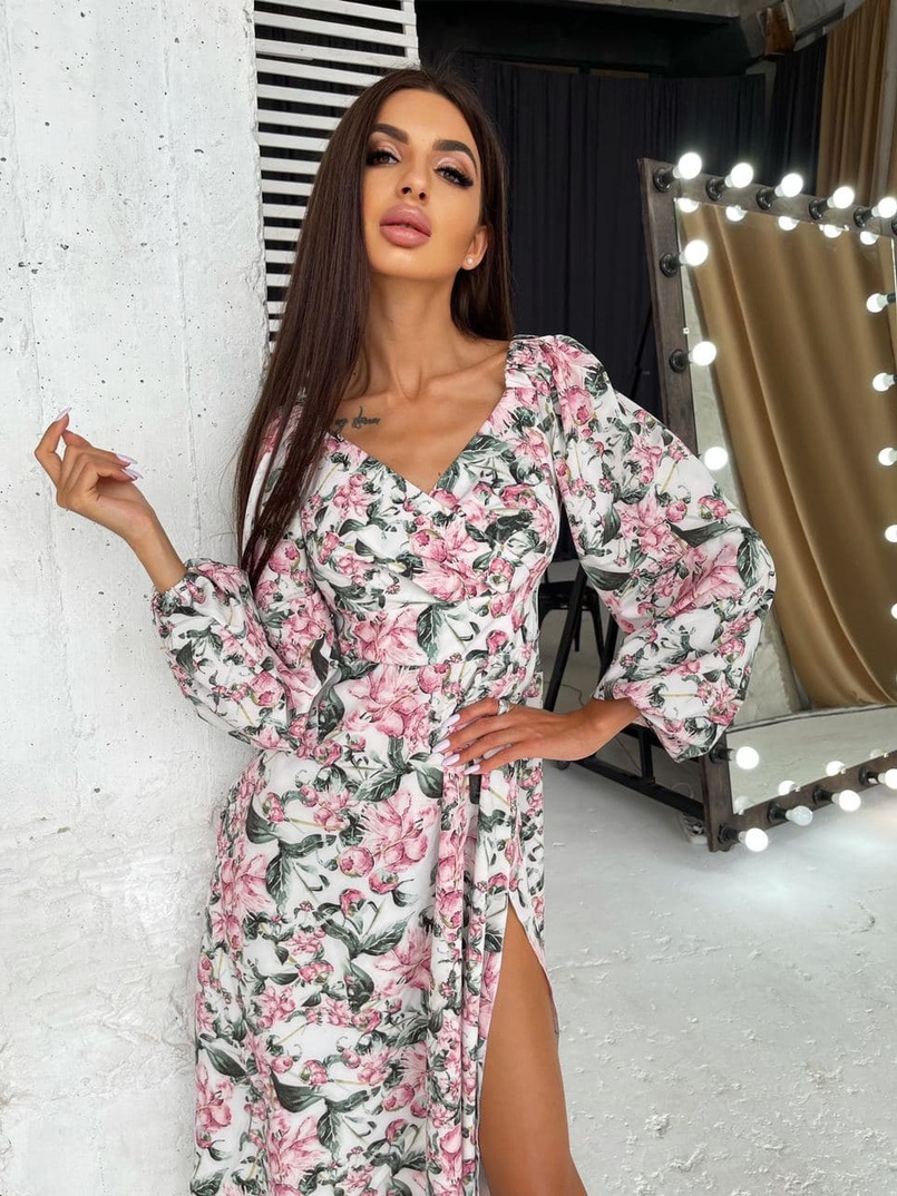 Цветочное платье-миди с разрезом  | PUSHKA SHOP