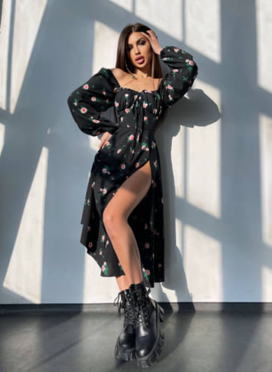 Сукня міді з квітковим принтом  | PUSHKA SHOP