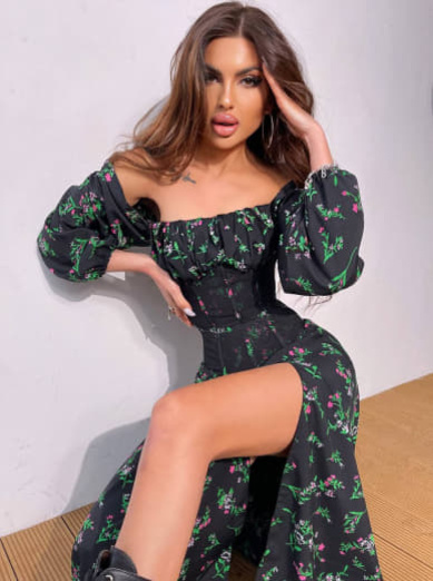 Сукня міді з розрізом в квітковий принт + прозорий корсет  | PUSHKA SHOP