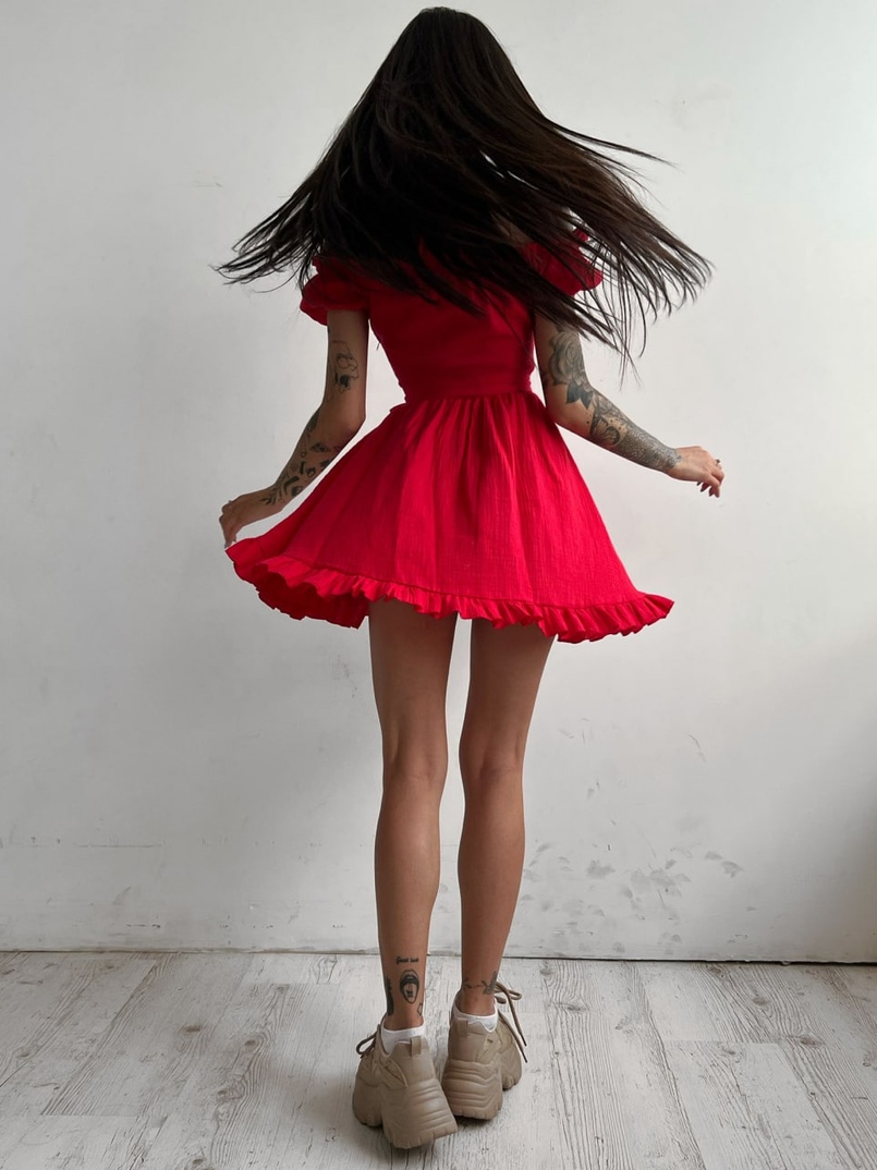 Муслиновое платье мини с корсетной вставкой на талии с косточками  Муслиновое платье мини с корсетной вставкой на талии с косточками  | PUSHKA SHOP