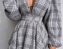 Сукня з подвійною спідницею та обʼємними рукавами у клітинку  | PUSHKA SHOP