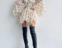 Шифонова сукня на підкладці з розкльошеними рукавами з асиметричною спідницею + корсет декорований стразами  | PUSHKA SHOP