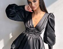 Атласна сукня з пишною подвійною спідницею та об‘ємними рукавами | PUSHKA SHOP