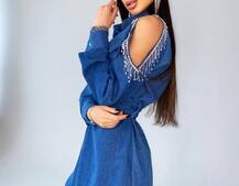 Джинсовое платье-туника с бахромой из страз | PUSHKA SHOP