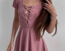 Трикотажное платье-мини со шнуровкой на груди  | PUSHKA SHOP