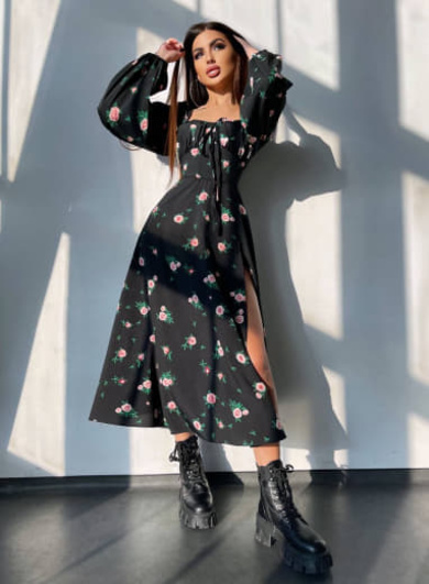 Сукня міді з квітковим принтом  | PUSHKA SHOP