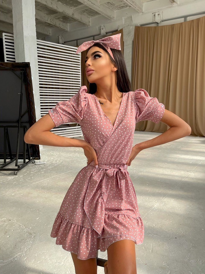 Милое платье в горошек с оборками + повязка на голову с бантом Милое платье в горошек с оборками + повязка на голову с бантом | PUSHKA SHOP