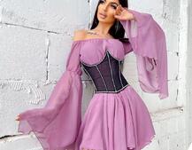 Шифоновое платье ассиметричного кроя с расклешенными рукавами + корсет декорированный стразами  | PUSHKA SHOP