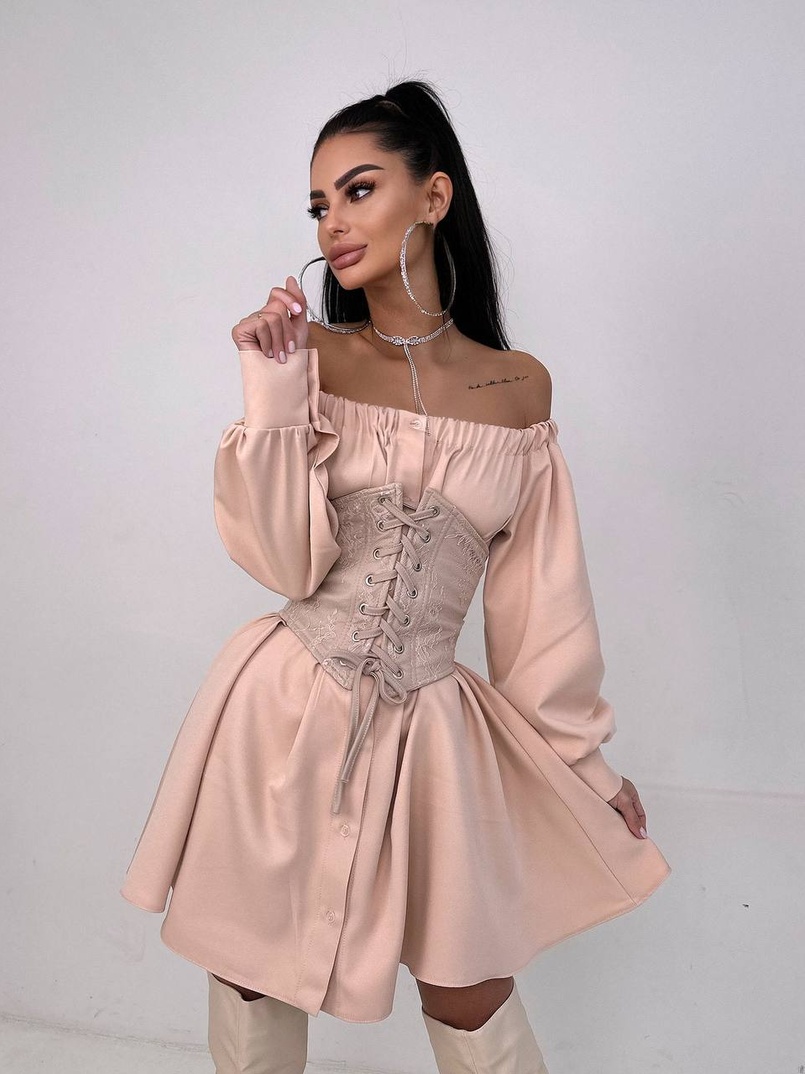 Приталена сорочка на плічках+  мереживний корсет | PUSHKA SHOP