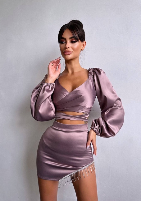 Атласний комплект, декорований бахромою зі страз | PUSHKA SHOP