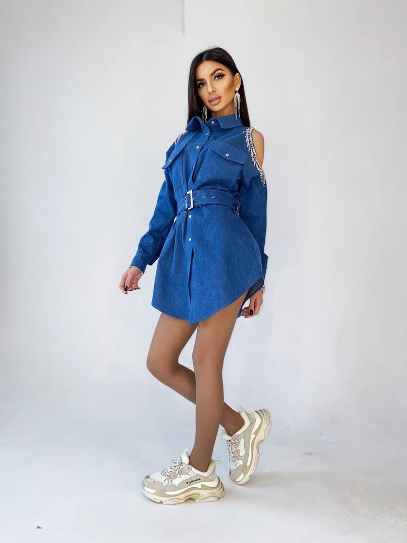 Джинсовое платье-туника с бахромой из страз | PUSHKA SHOP