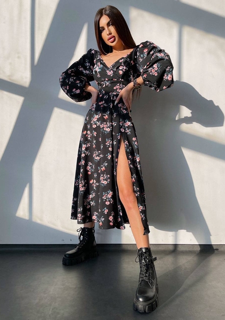 Квіткова сукня-міді з розрізом та об'ємними рукавами | PUSHKA SHOP