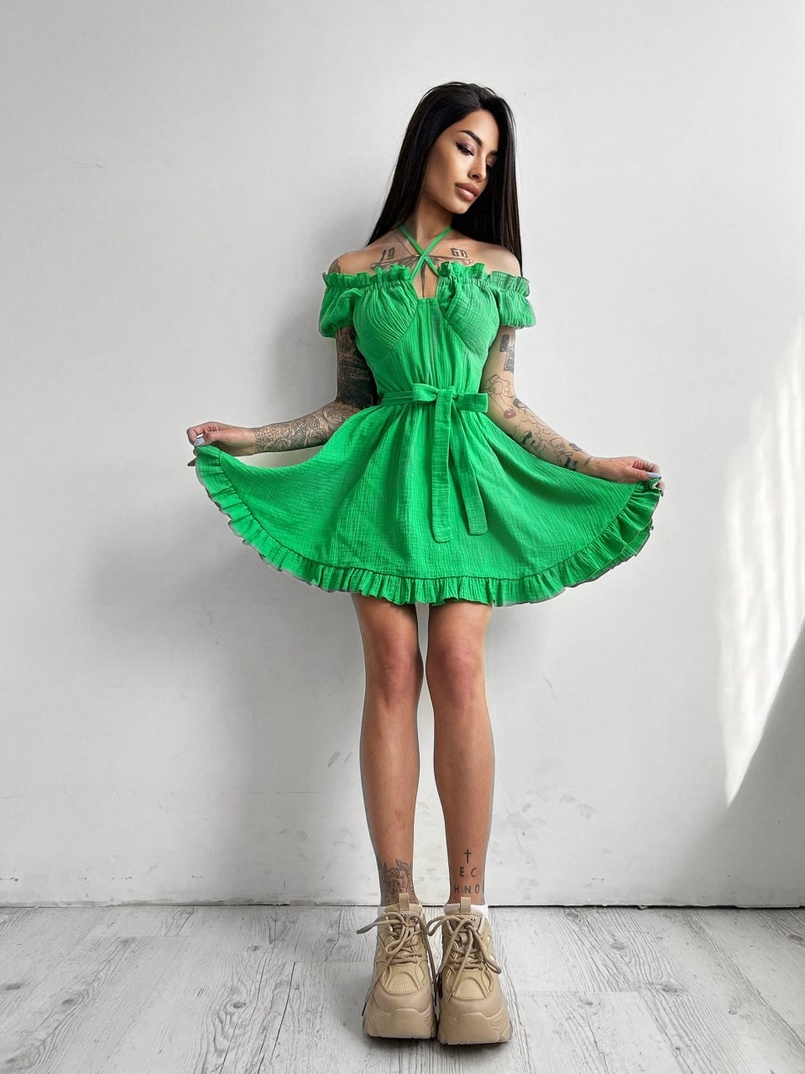 Муслиновое платье мини с корсетной вставкой на талии с косточками Муслиновое платье мини с корсетной вставкой на талии с косточками | PUSHKA SHOP