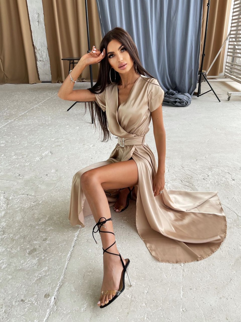 Шелковое платье-миди с широким поясом  | PUSHKA SHOP