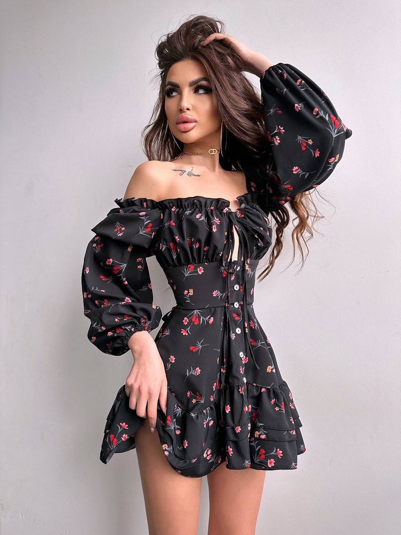 Сукня з квітковим принтом з воланами на ґудзиках  | PUSHKA SHOP