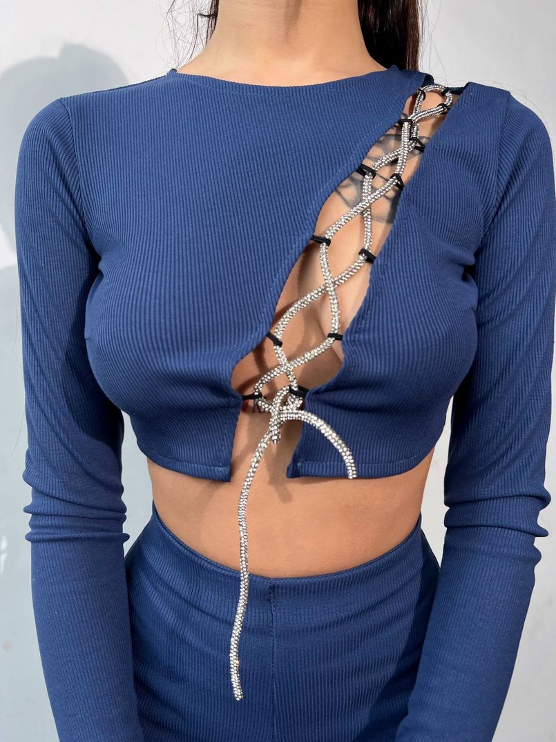 Комплект : штани кльош і топ декорований шнурком зі стразами  | PUSHKA SHOP