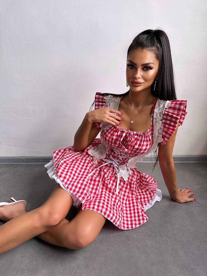 Сукня в клітинку декорована мереживом  | PUSHKA SHOP