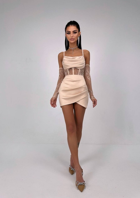 Комплект: корсет, декорований мереживом   + рукавички+ спідниця міні з драпіруванням   | PUSHKA SHOP