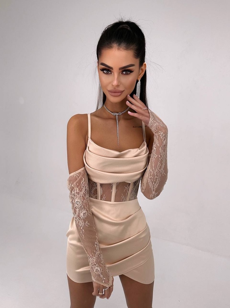 Комплект: корсет, декорований мереживом   + рукавички+ спідниця міні з драпіруванням   | PUSHKA SHOP