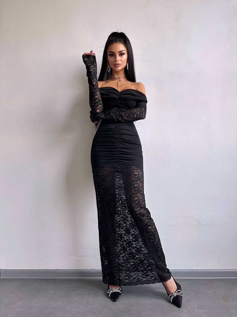 Мереживна сукня максі з драпіруванням | PUSHKA SHOP